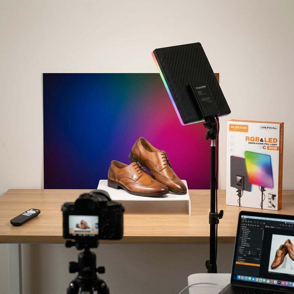 PLOKAMA LIVE-P19 Pro rectangular RGB & LED fill light panel (3200K-6500K) with mounting bracket and remote control feature shown on packaging