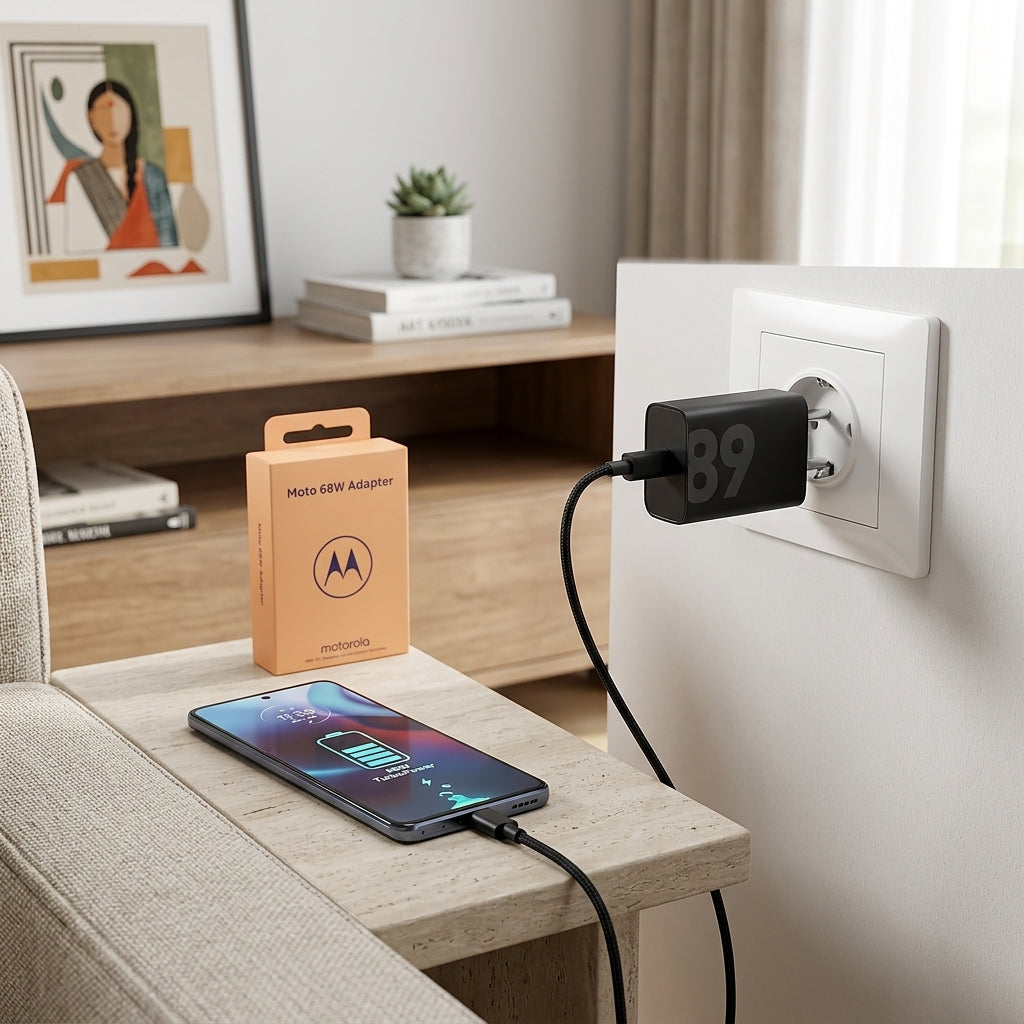 Moto 68W Fast Charging Adapter in matte black with glossy 68 graphic and Indian 2-pin plug next to its orange retail packaging.
