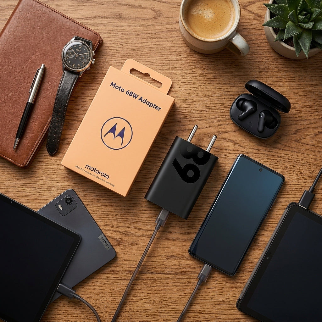 Moto 68W Fast Charging Adapter in matte black with glossy 68 graphic and Indian 2-pin plug next to its orange retail packaging.