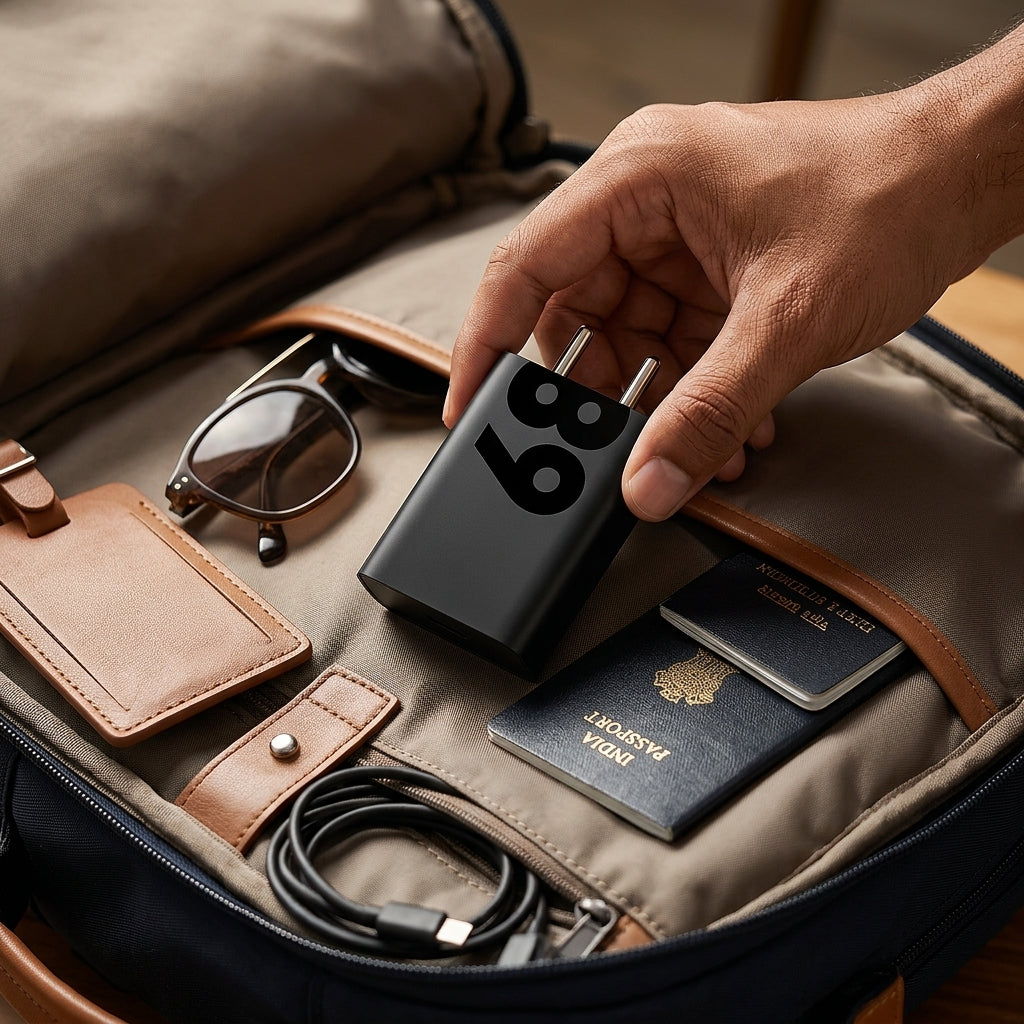 Moto 68W Fast Charging Adapter in matte black with glossy 68 graphic and Indian 2-pin plug next to its orange retail packaging.