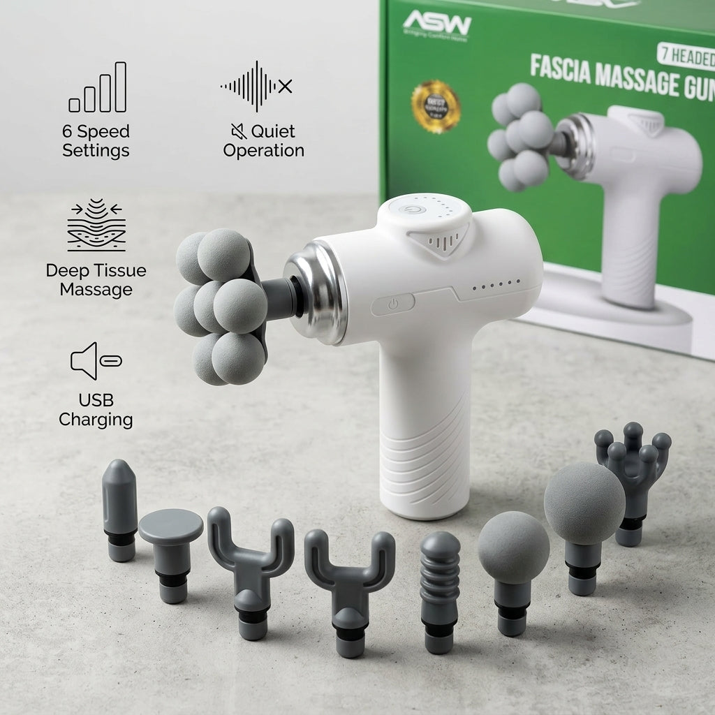ASW AS-219 seven-headed fascia massage gun with 7-ball head attachment and 9 included attachments shown on packaging