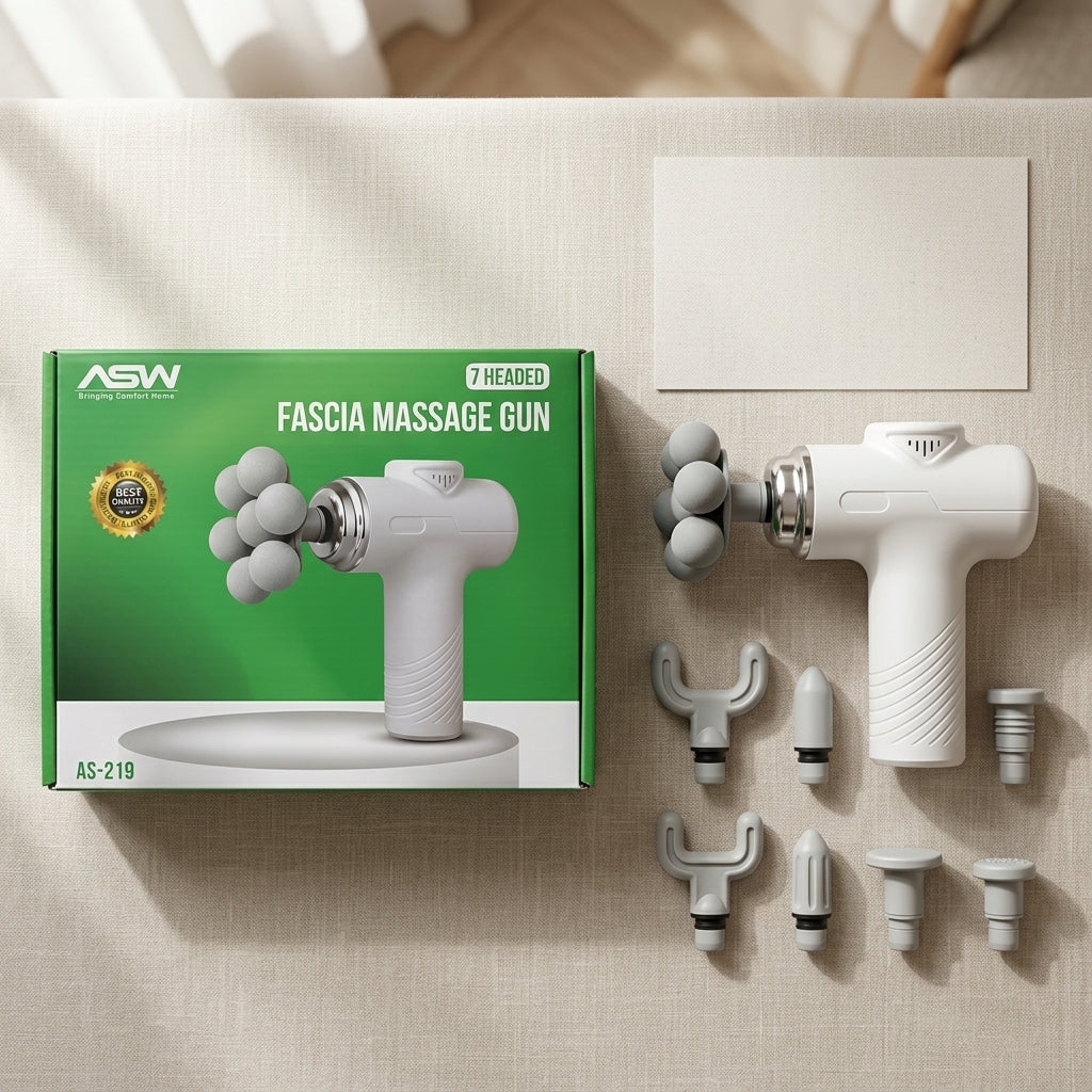 ASW AS-219 seven-headed fascia massage gun with 7-ball head attachment and 9 included attachments shown on packaging