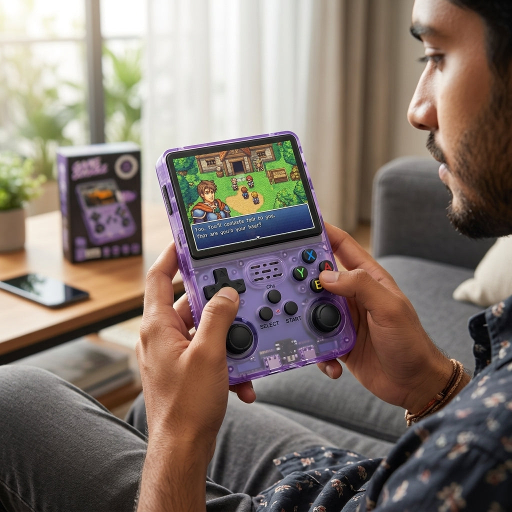 R36S handheld game console in transparent purple with built-in screen, dual analog sticks, D-pad and ABXY buttons