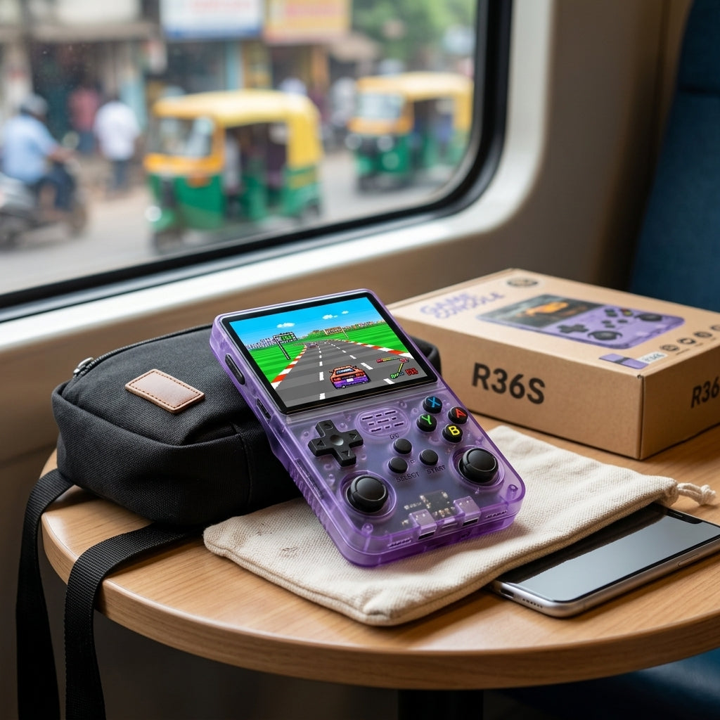R36S handheld game console in transparent purple with built-in screen, dual analog sticks, D-pad and ABXY buttons