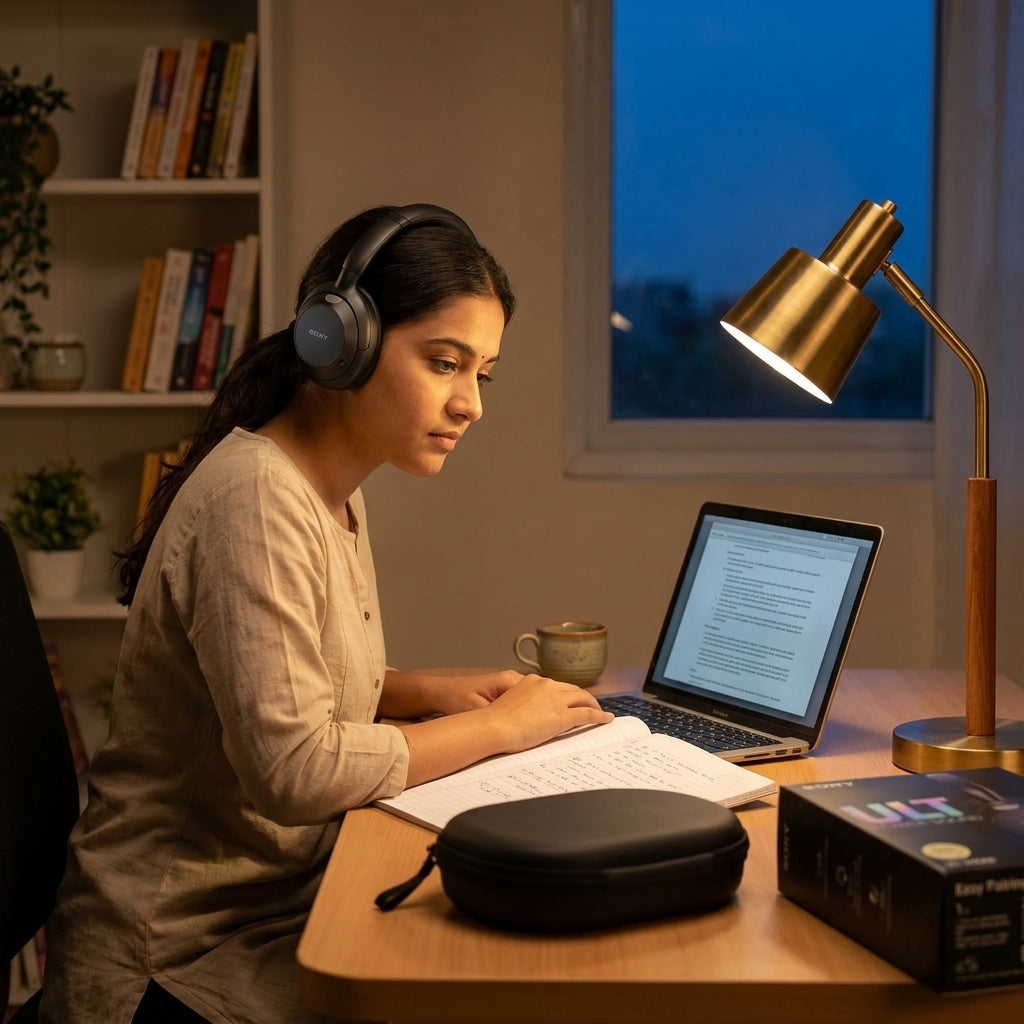 Black over-ear wireless headphones with ULT Power Sound branding, shown with zippered carrying case and retail boxes