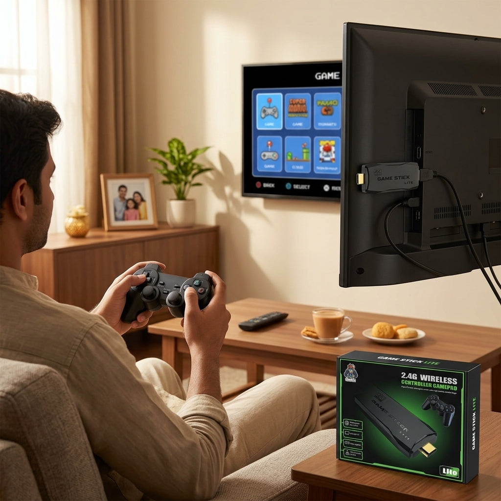 Game Stick Lite HDMI TV game console stick with 2.4G wireless controller gamepad shown on retail box
