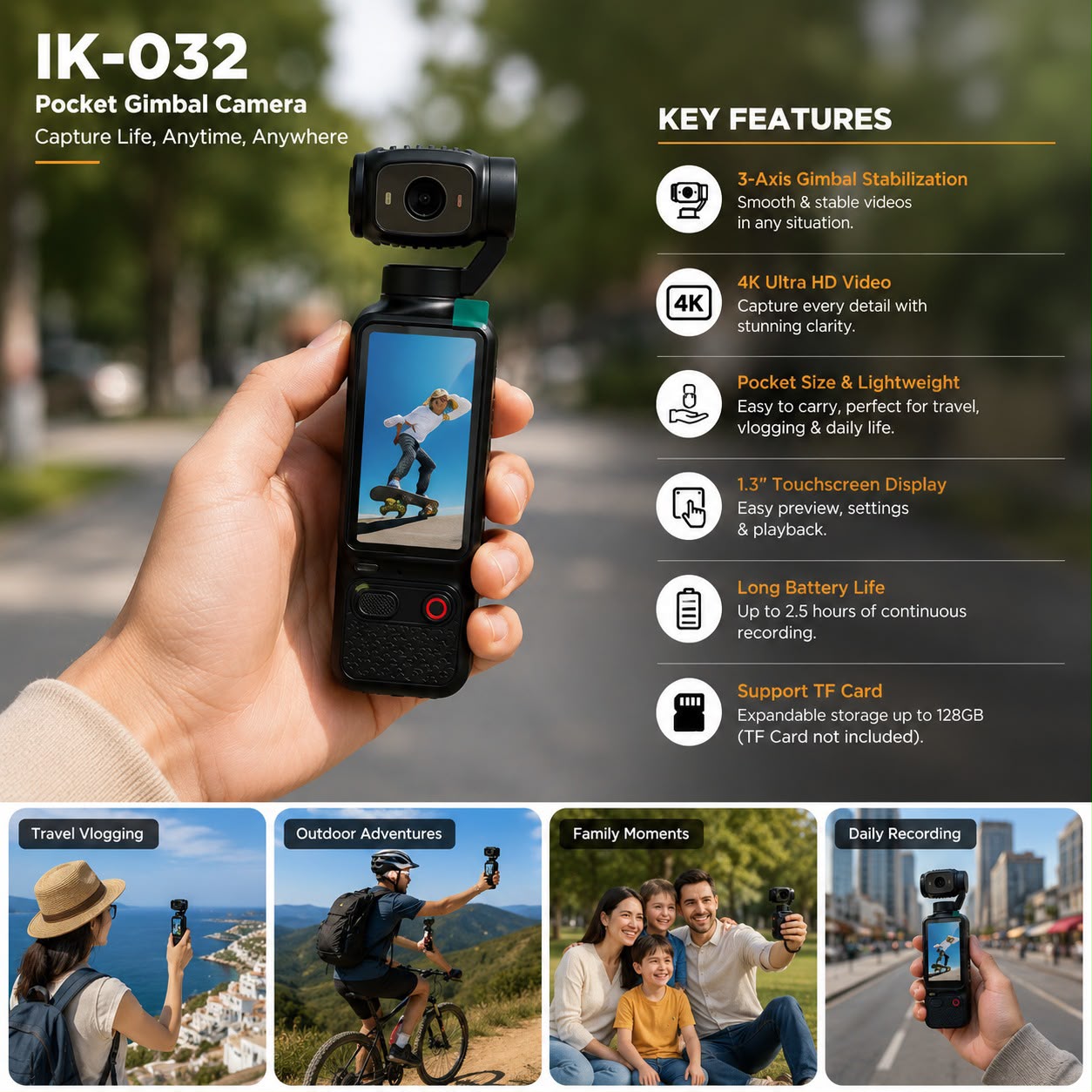 IK-032 pocket gimbal camera with 1.3-inch touchscreen and 3-axis gimbal stabilization, shown in black and orange color variants
