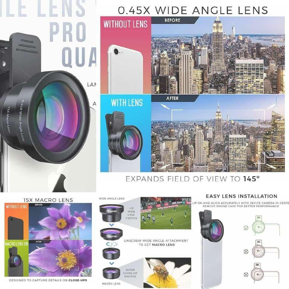 Black clip-on smartphone camera lens kit with 0.45x wide angle lens and 15x macro lens (wide attachment unscrews to access macro)
