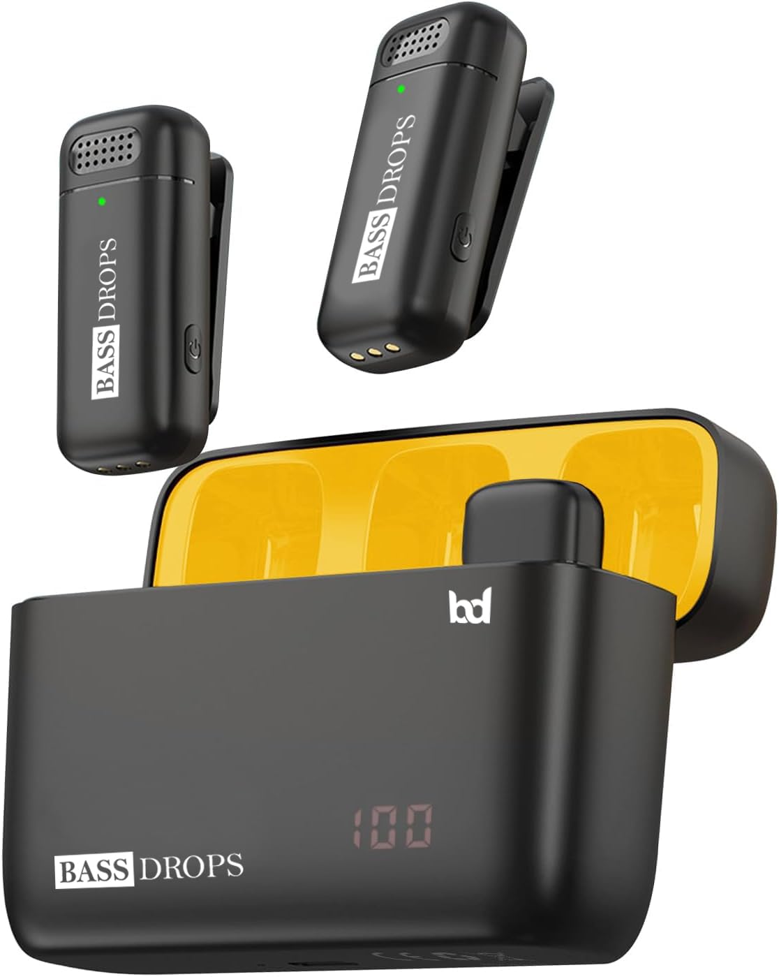 BASS DROPS dual wireless clip-on microphone system with two mic units and a charging case with digital display