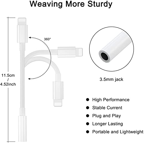 Lightning to 3.5 mm Audio Jack Connector Cable for iOS 13 and Later, Audio AUX Converter Cable iOS to 3.5mm Headphone Jack Adapter (White)