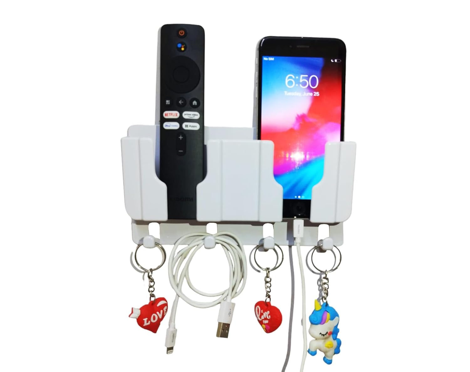 Wall Mounted Multi-Purpose Organizer | Mobile Charging Stand, Remote & Phone Holder, Cable & Key Hanger | Space-Saving Storage Rack for Home & Office