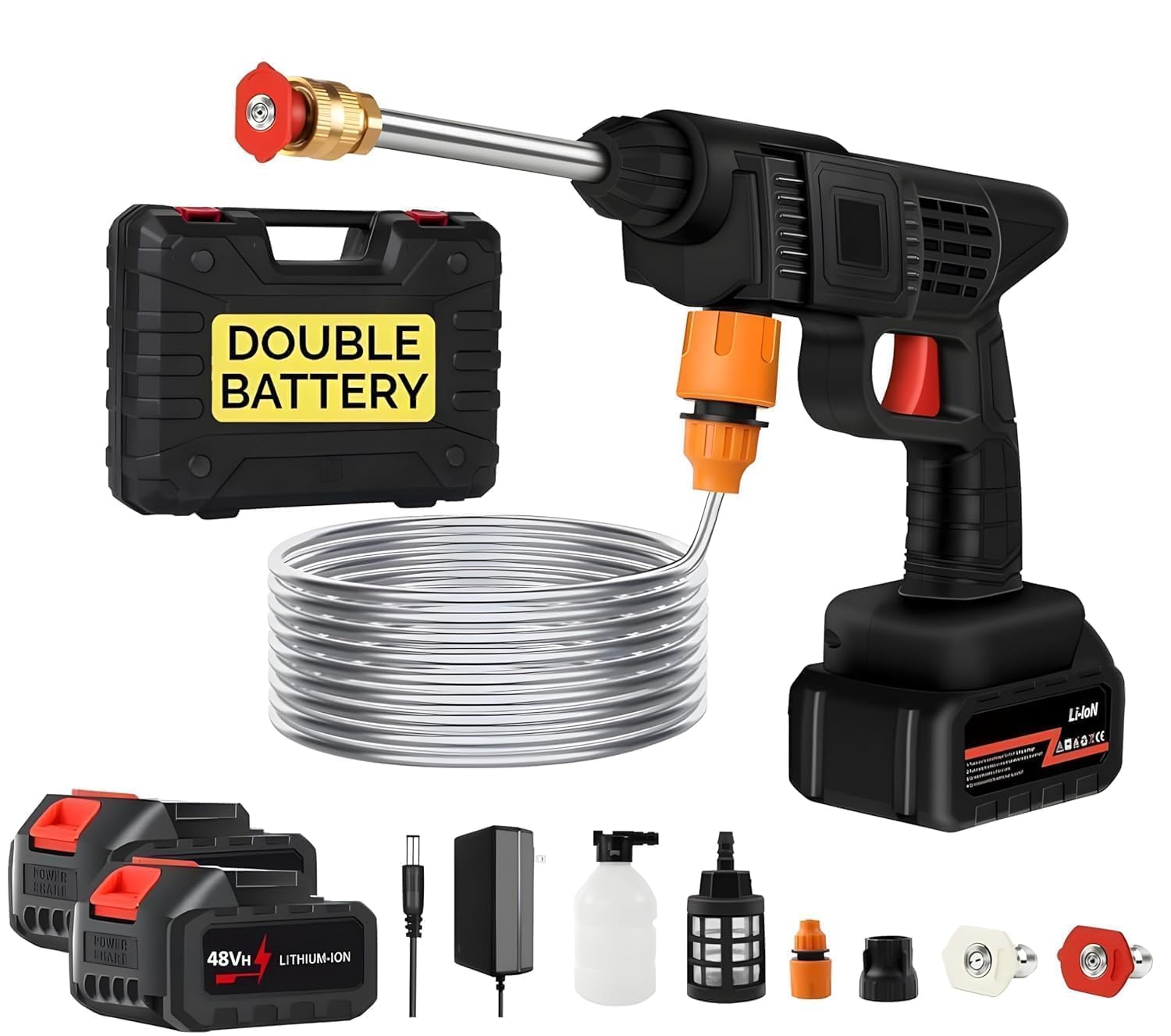 48V Cordless High-Pressure Washer Gun – Double Battery, 12000mAh, Adjustable Nozzle & 5M Hose for Car & Bike Cleaning