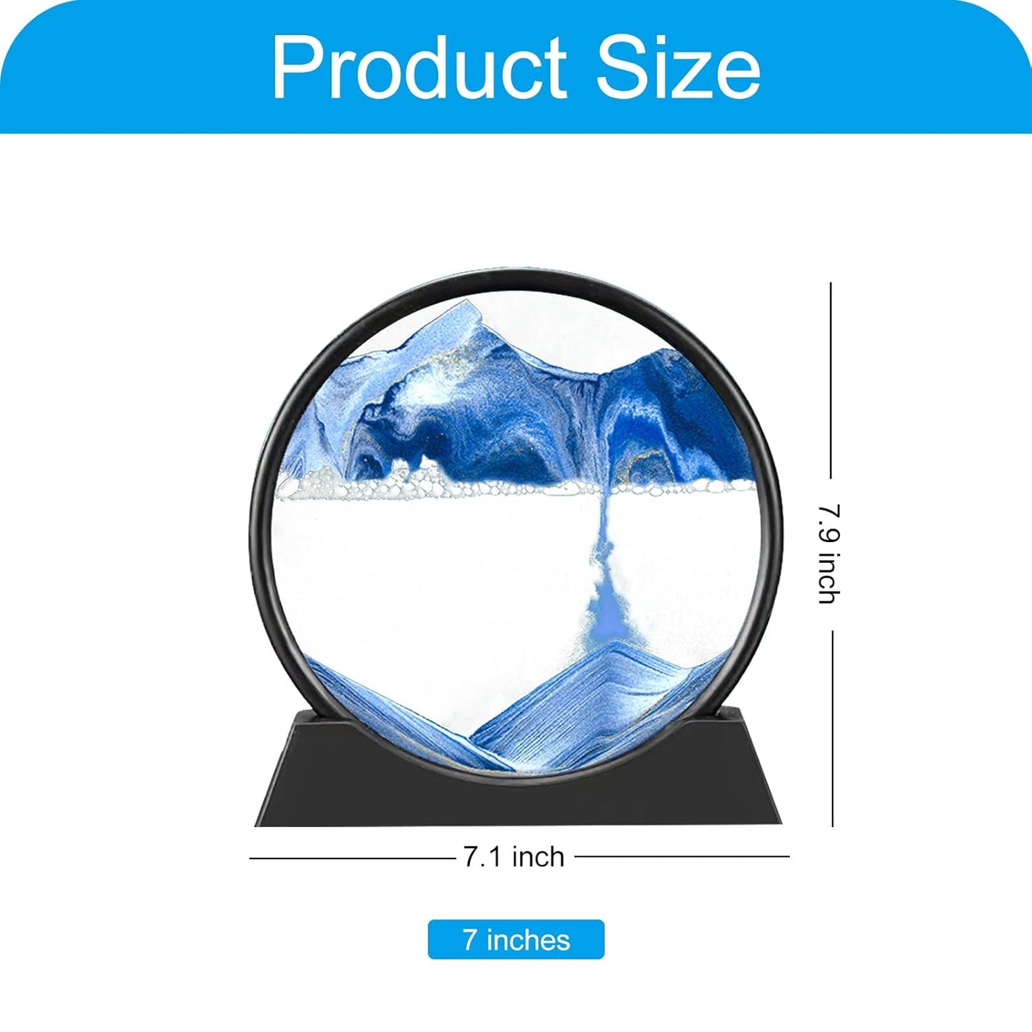 Sand Art Kits Moving Sand Art Liquid Motion, Round Glass Moving Sand Art Picture Relaxing Desktop Home Office (7Inch-Blue)