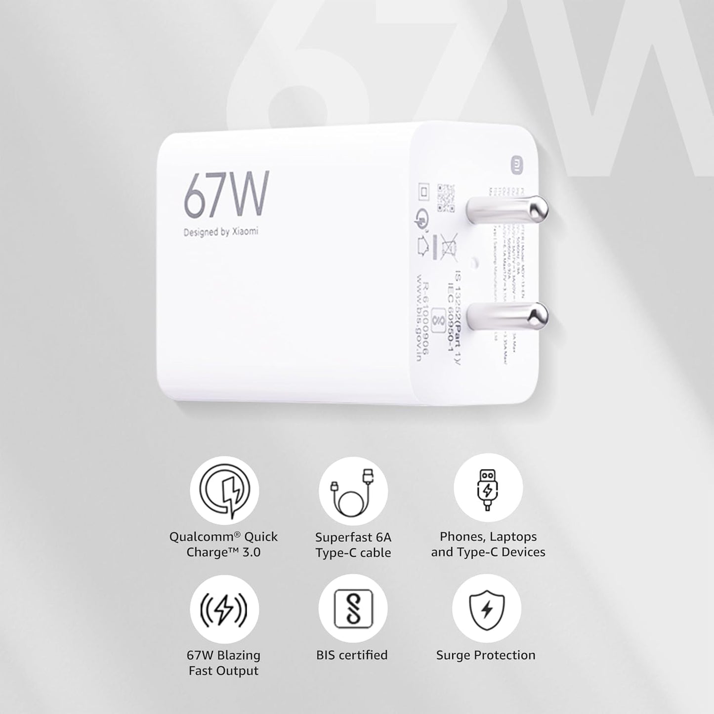 Xiaomi 67W Fast Charger Combo with USB-C 6A Cable | QC 3.0 Rapid Charging for Mobiles, Laptops & Power Banks – White