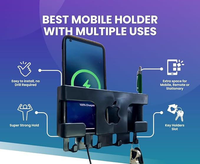 Wall Mounted Multi-Purpose Organizer | Mobile Charging Stand, Remote Holder, Key Hanger & Cable Organizer | Space-Saving Storage Rack for Home & Office
