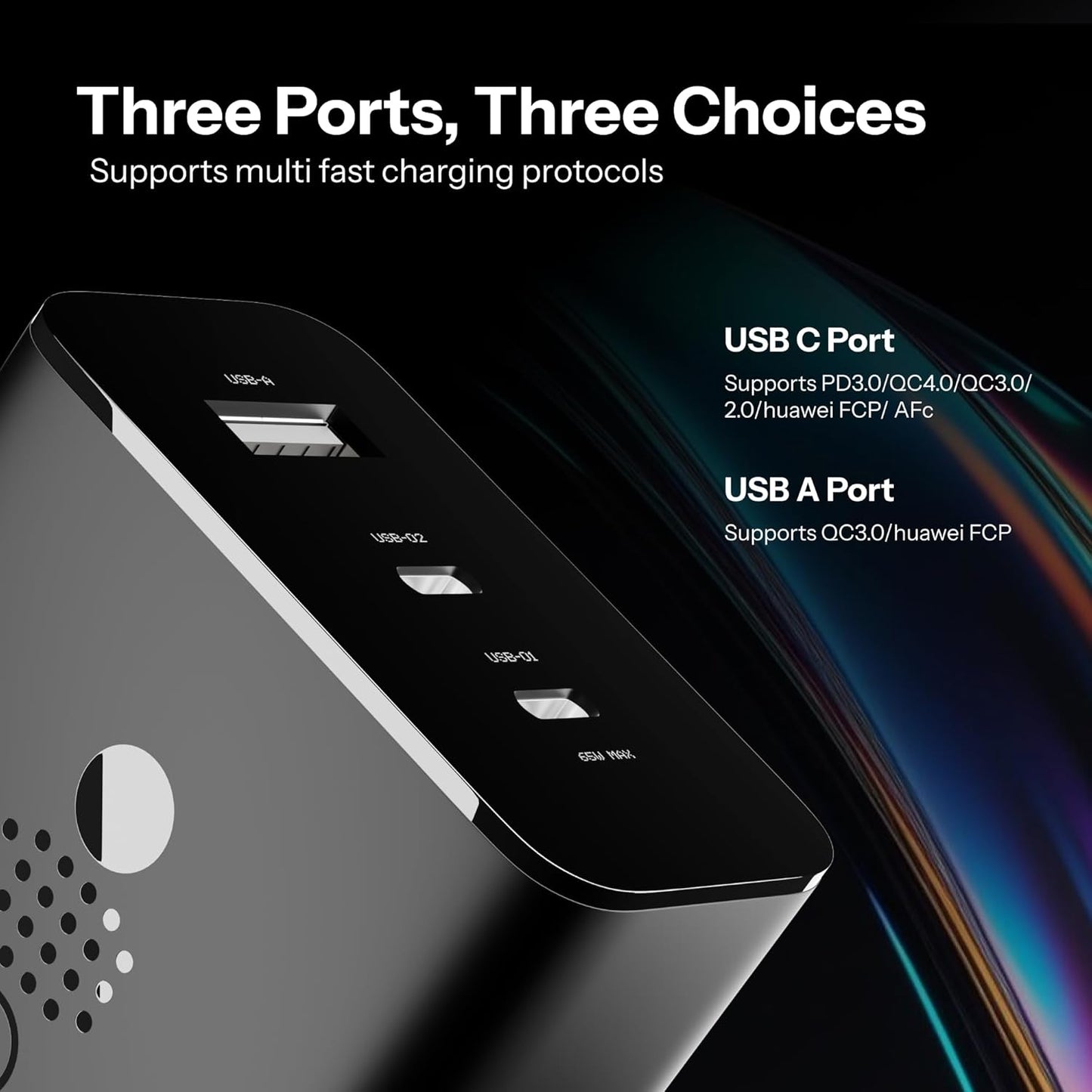 65W CMF by Nothing GaN Trio Charger | 3-Port USB-C & USB-A Fast Wall Adapter | Compatible with CMF Phone 1, Nothing Phone 2/2a/2a Plus & Samsung Galaxy S24 Ultra – Black