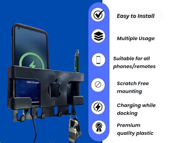 Wall Mounted Multi-Purpose Organizer | Mobile Charging Stand, Remote Holder, Key Hanger & Cable Organizer | Space-Saving Storage Rack for Home & Office