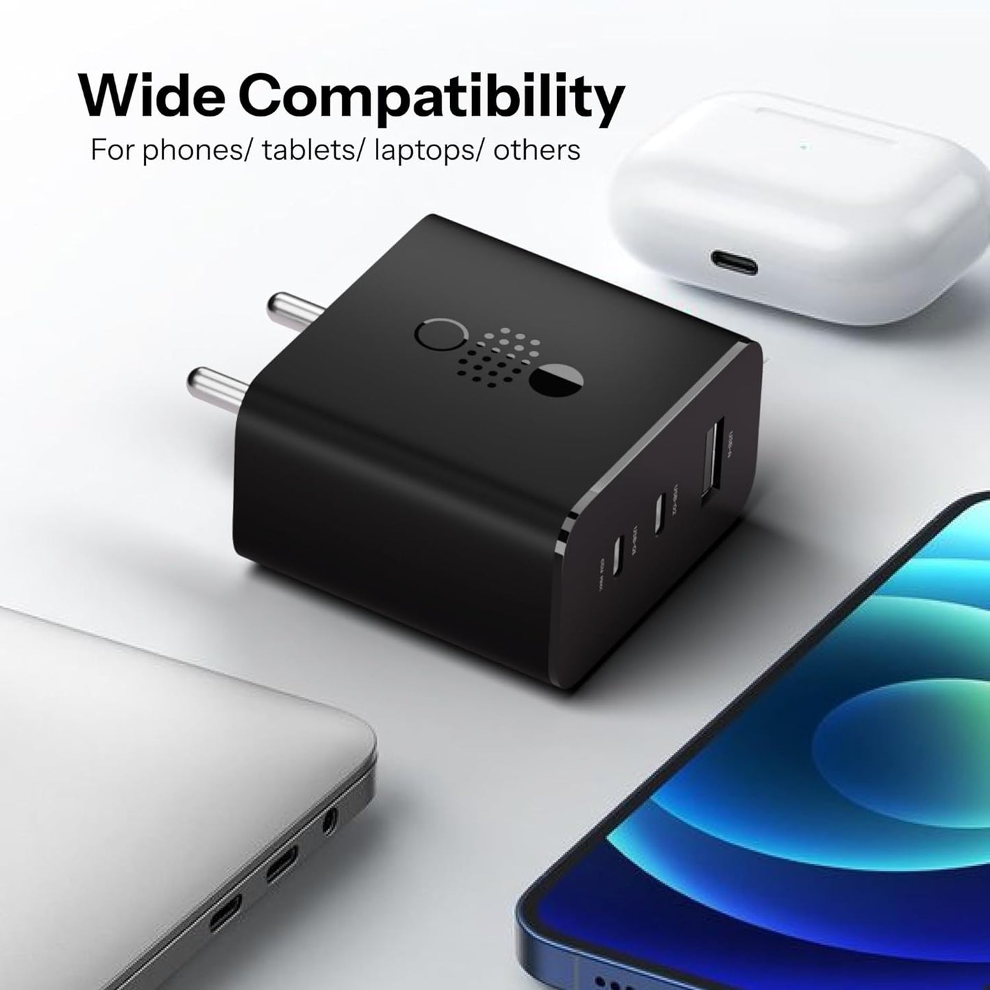 65W CMF by Nothing GaN Trio Charger | 3-Port USB-C & USB-A Fast Wall Adapter | Compatible with CMF Phone 1, Nothing Phone 2/2a/2a Plus & Samsung Galaxy S24 Ultra – Black