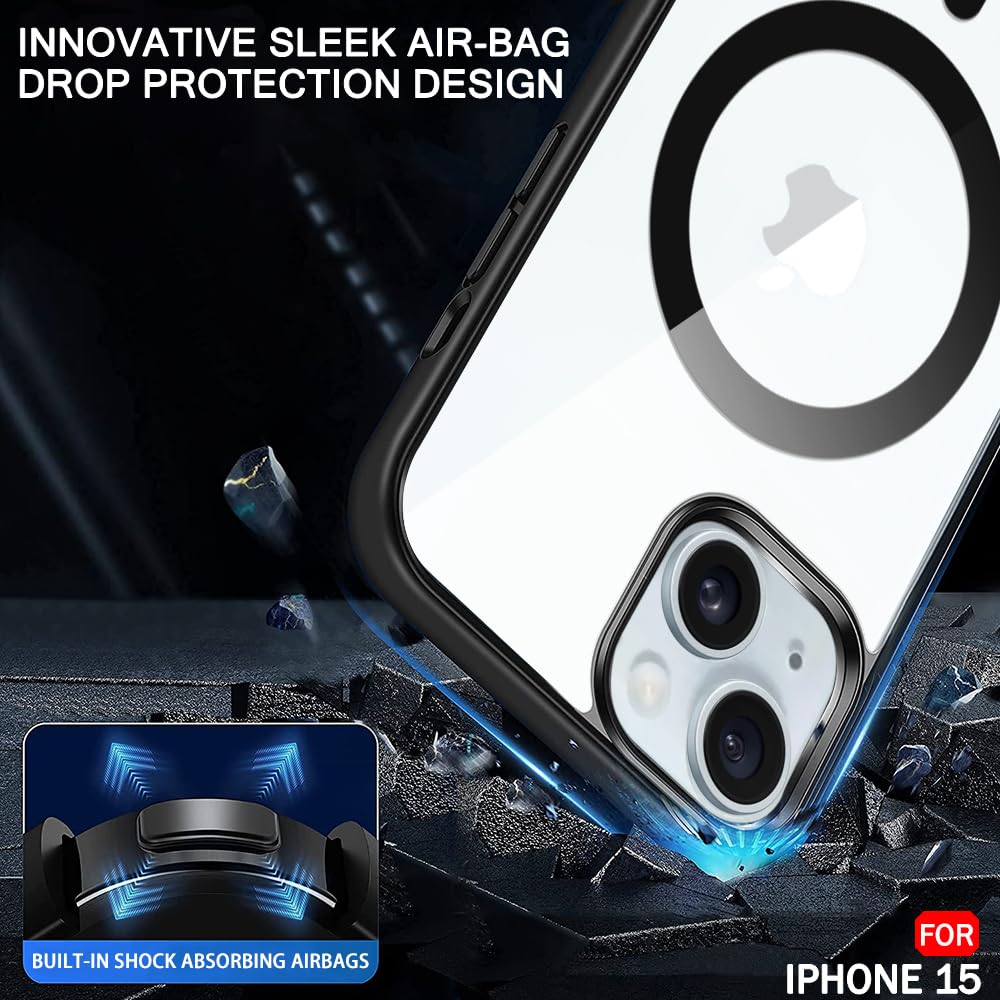 Ultra-Hybrid Magnetic Back Case Cover for iPhone 15 Compatible with MagSafe | Camera Protection | Anti-Yellow Crystal Clear Transparent Case Cover for iPhone 15 (PC & TPU, Black Bumper)