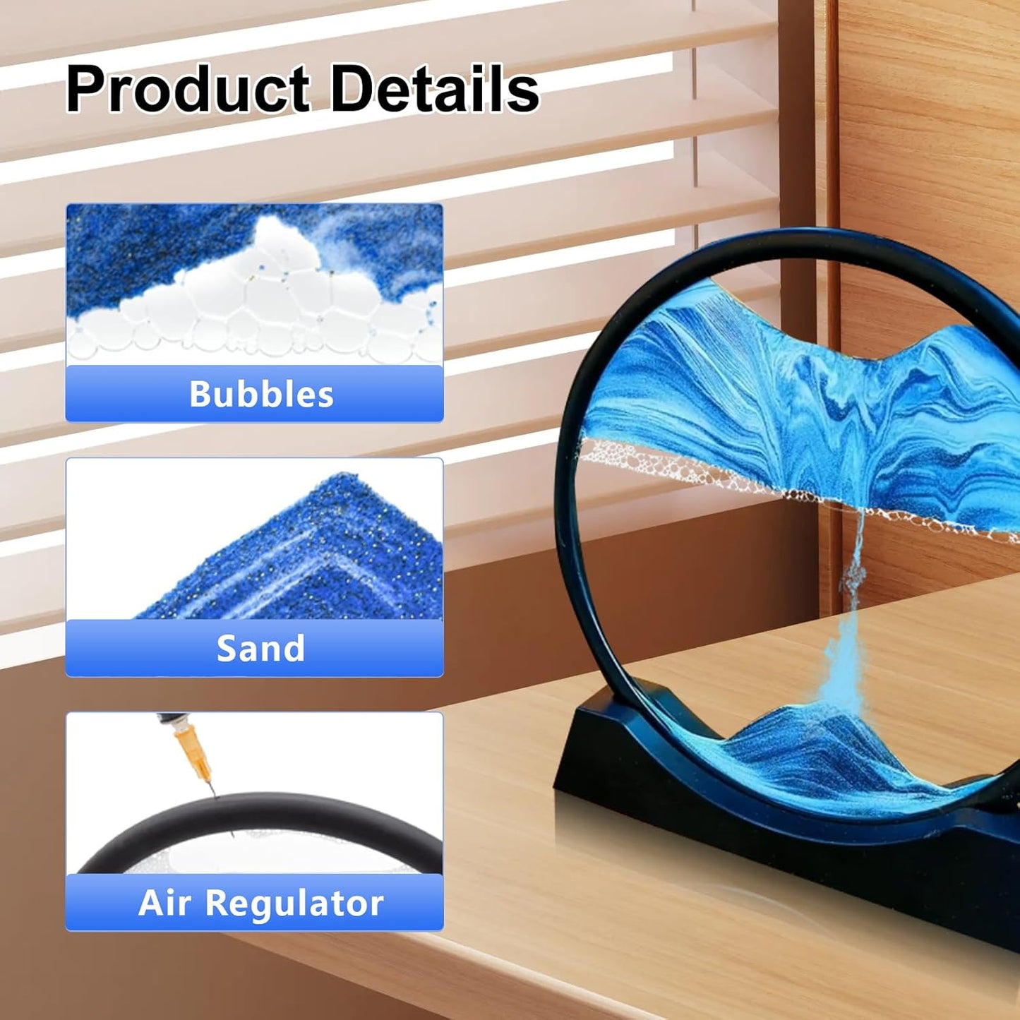 Sand Art Kits Moving Sand Art Liquid Motion, Round Glass Moving Sand Art Picture Relaxing Desktop Home Office (7Inch-Blue)