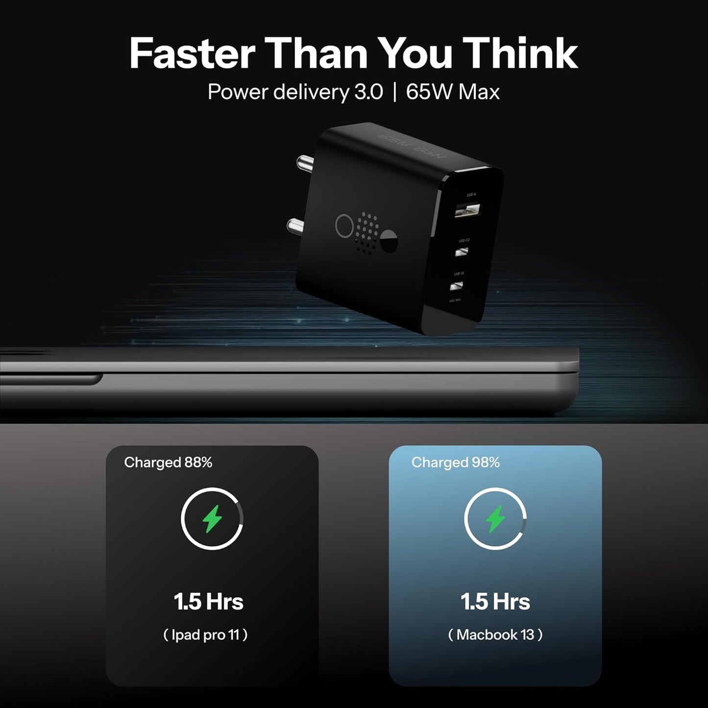 65W CMF by Nothing GaN Trio Charger | 3-Port USB-C & USB-A Fast Wall Adapter | Compatible with CMF Phone 1, Nothing Phone 2/2a/2a Plus & Samsung Galaxy S24 Ultra – Black