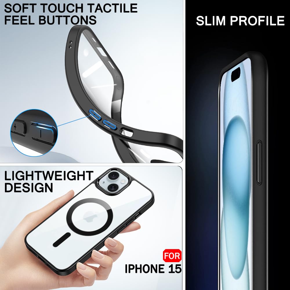Ultra-Hybrid Magnetic Back Case Cover for iPhone 15 Compatible with MagSafe | Camera Protection | Anti-Yellow Crystal Clear Transparent Case Cover for iPhone 15 (PC & TPU, Black Bumper)