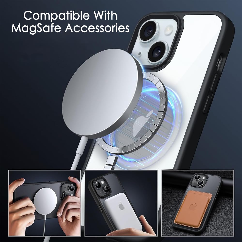 Ultra-Hybrid Magnetic Back Case Cover for iPhone 15 Compatible with MagSafe | Camera Protection | Anti-Yellow Crystal Clear Transparent Case Cover for iPhone 15 (PC & TPU, Black Bumper)