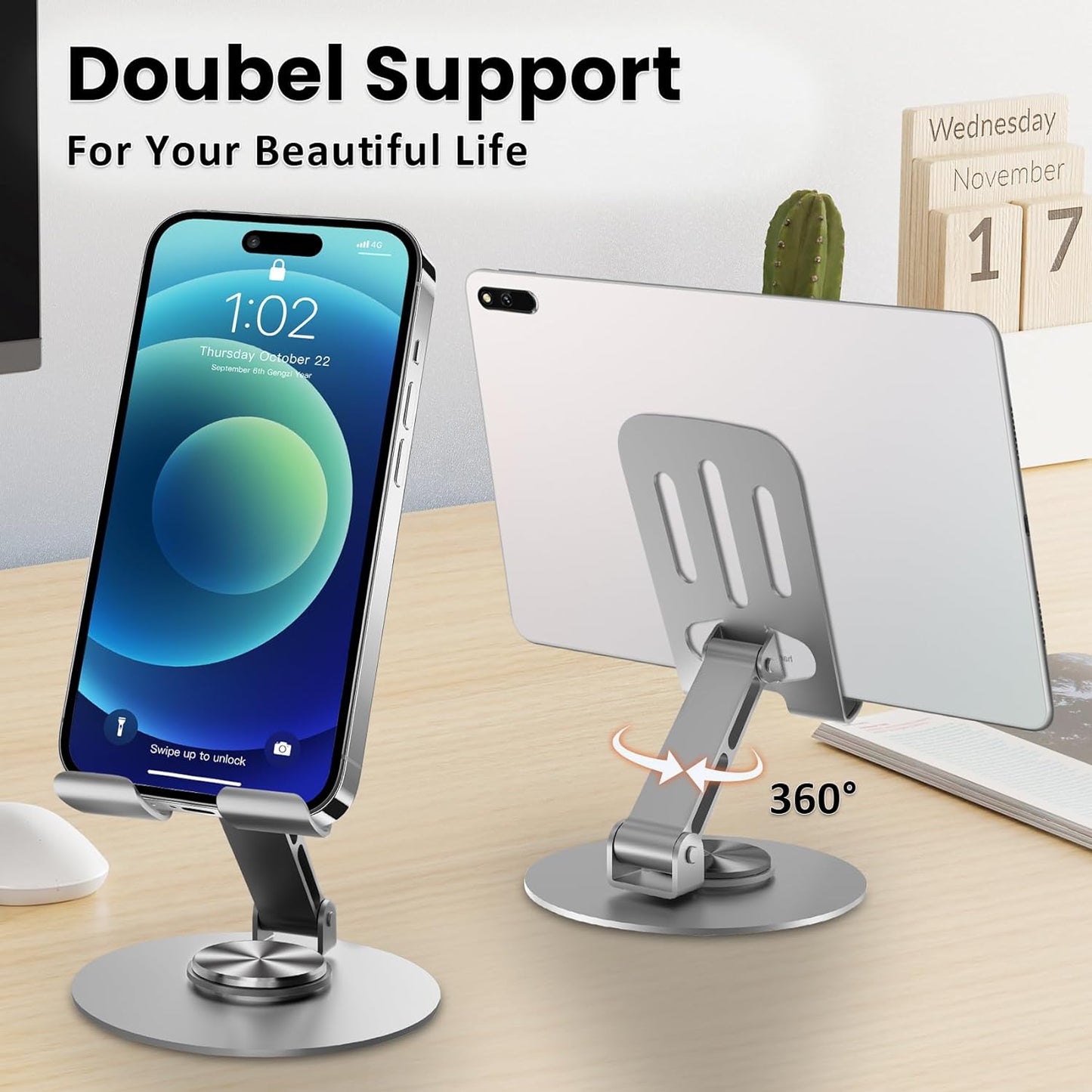 Desk Phone Holder Stand, 360 Degree Rotating Phone Holder with Anti-Slip Base, Fits All Mobile Phones, iPad (Gray)