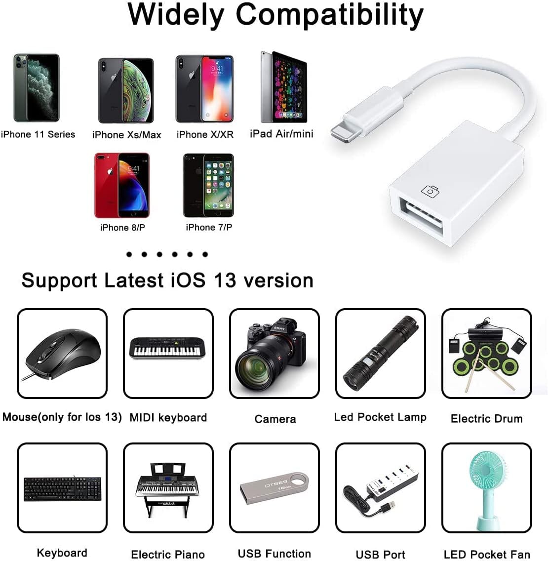 Lightning to USB OTG Adapter for iPhone / iPad, USB Female Support Connect USB Flash Drive, Keyboard, Mouse Compatible with iOS 14 and Later,