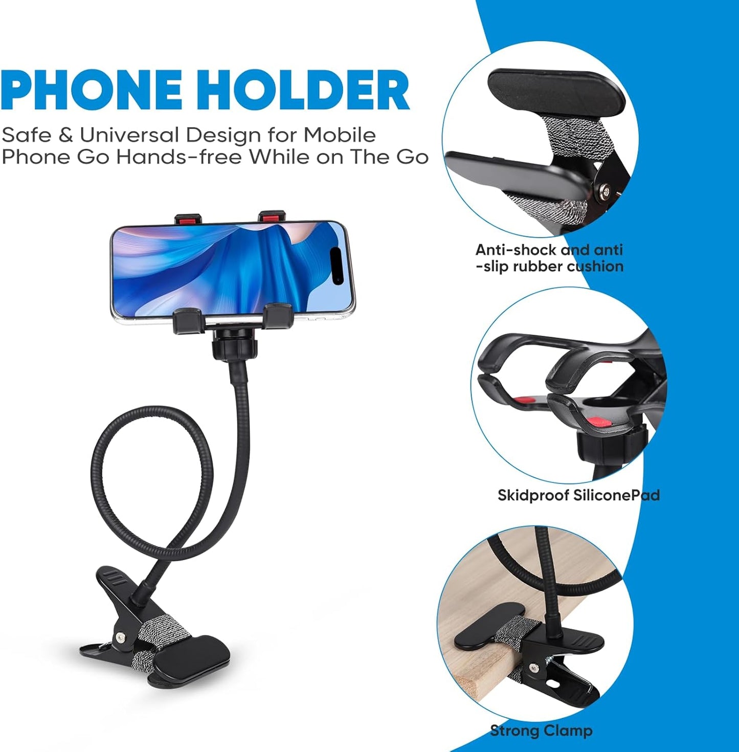 Gooseneck Phone Holder, 360° Adjustable Lazy Bracket, Universal Mobile Phone Stand, DIY Flexible Long Arm Gooseneck Phone Mounts for Bed/Desk