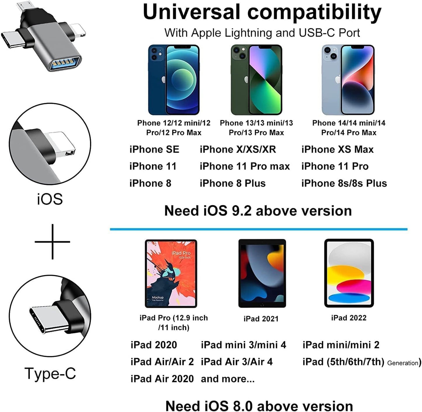 3 in 1 Lightning, Type C, Micro to USB Female OTG Adapter for iPhone, MacBook Pro, iPad Pro and More