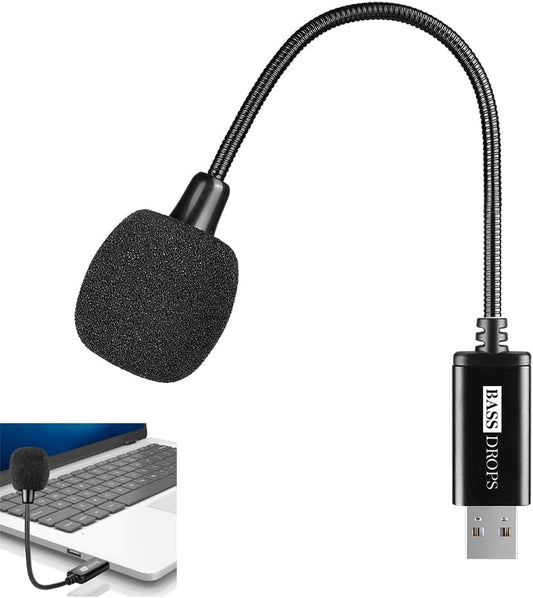 BassDrops Mini USB Microphone with Gooseneck | Universal USB Sound Card | Plug & Play Condenser Mic for Laptop & Desktop | Compatible with PC & Mac | Perfect for Remote Work & Online Classes!