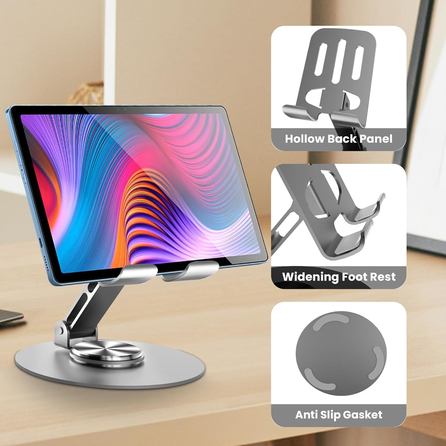 Desk Phone Holder Stand, 360 Degree Rotating Phone Holder with Anti-Slip Base, Fits All Mobile Phones, iPad (Gray)