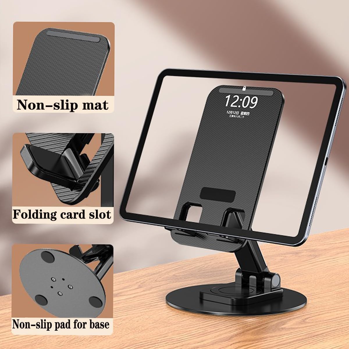 Mobile Phone Stand 360° Rotation Height and Angle Adjustable Stand for Desk Office Foldable Desktop Phone Holder (Black)