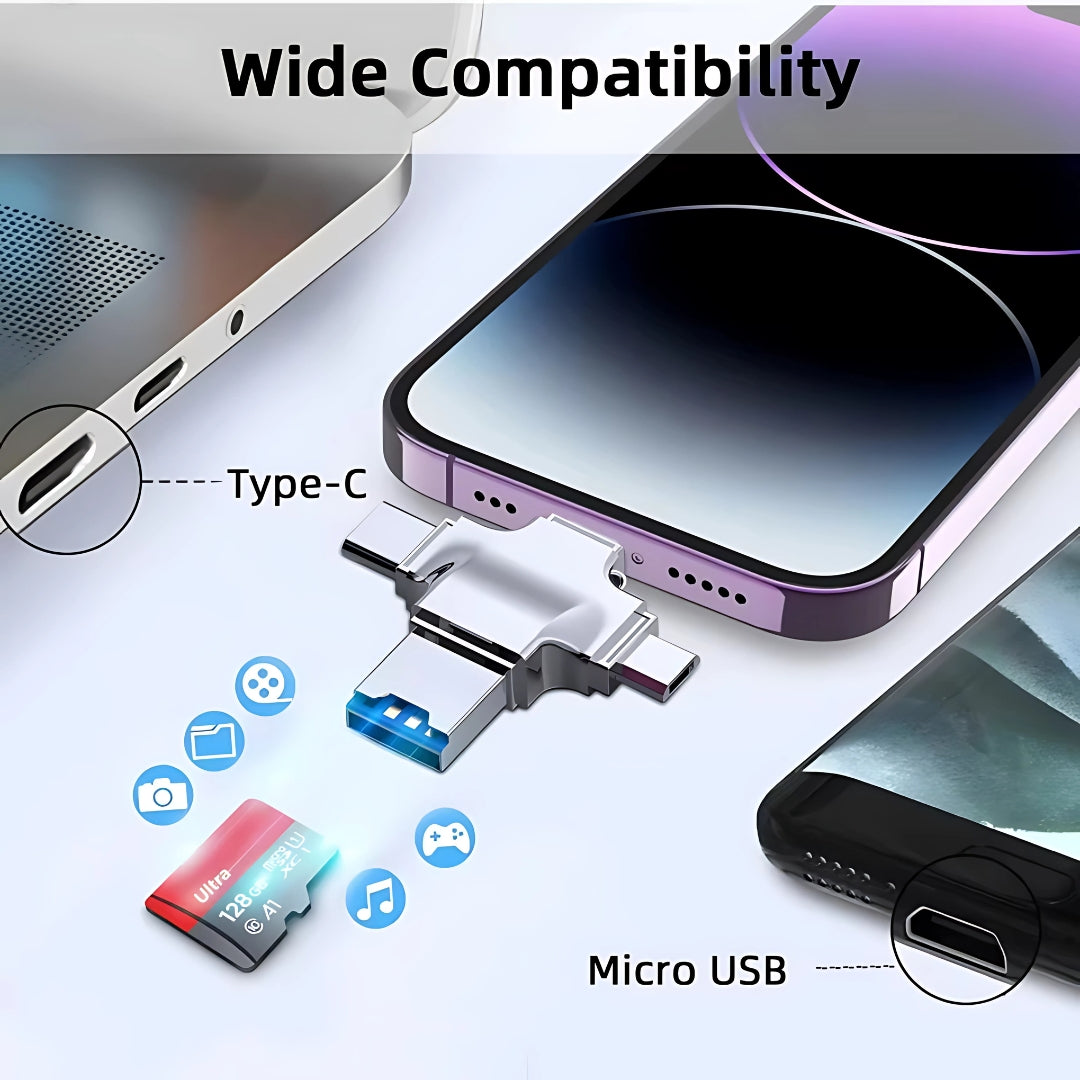 4 in 1 Card Reader Adapter | Micro SD to USB, OTG, Lightning, and Type-C Compatible TF/SD Card Reader