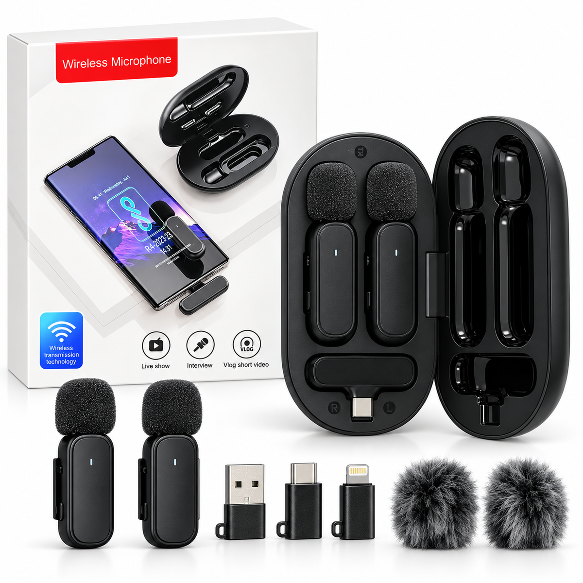 Dual Wireless Microphone Kit with Charging Case & Plug-in Receiver (2 Mic Set)