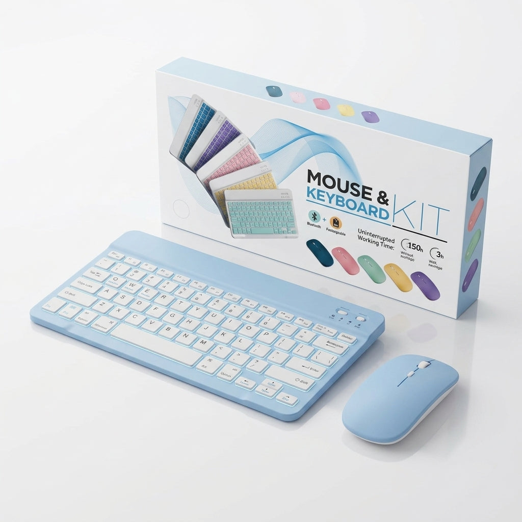 Wireless Bluetooth Keyboard and Mouse Kit in light blue, showcasing backlit keys and a slim design, placed on a modern desk with a laptop and creative tools.