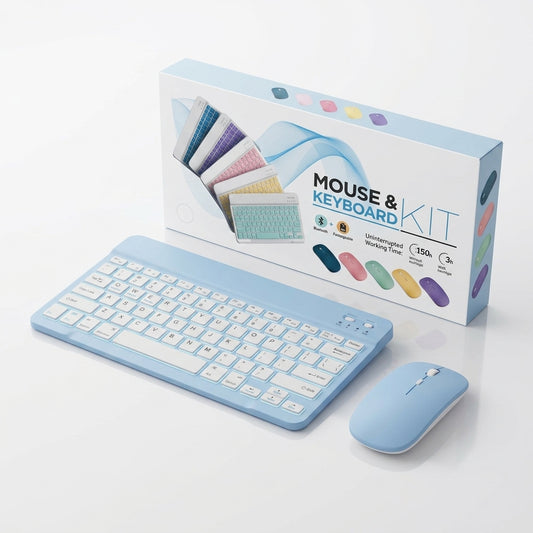 Wireless Bluetooth Keyboard and Mouse Kit in light blue, showcasing backlit keys and a slim design, placed on a modern desk with a laptop and creative tools.