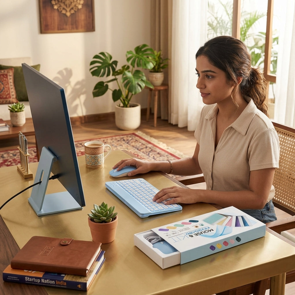 Wireless Bluetooth Keyboard and Mouse Kit in light blue, showcasing backlit keys and a slim design, placed on a modern desk with a laptop and creative tools.