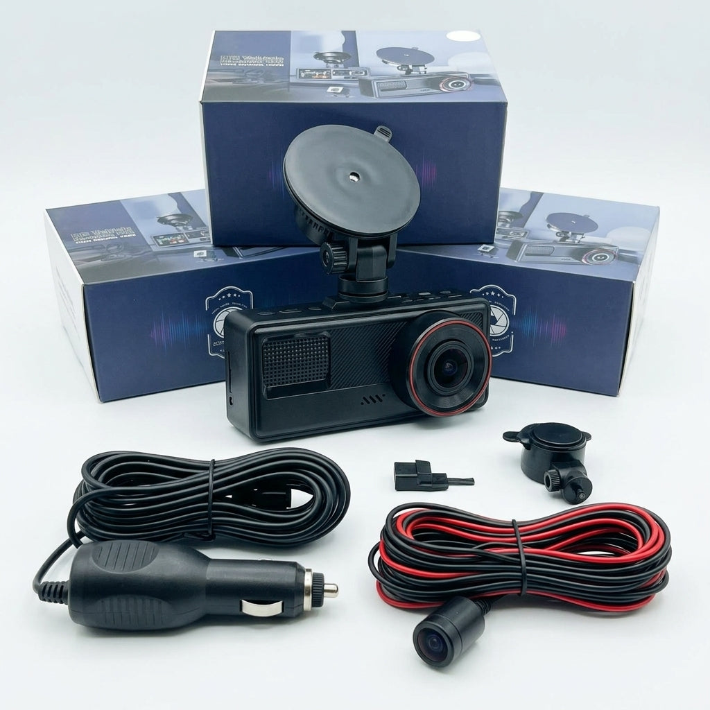 HD Three Camera Dashcam DVR for Car with Front, Interior, and Rear Recording