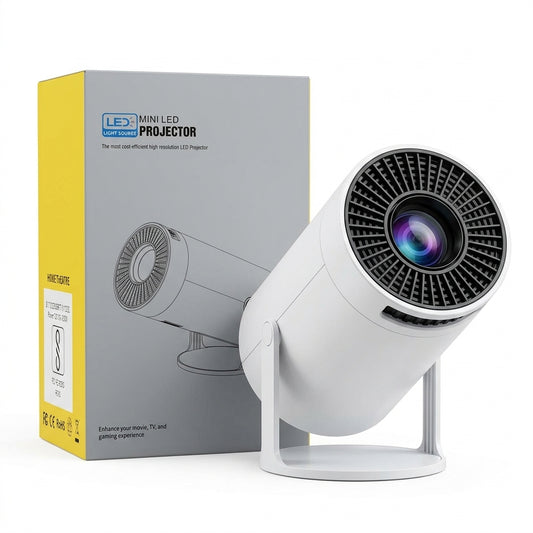 Neo-L100 Pro Mini LED Projector in white, compact cylindrical design with integrated stand, projecting a vibrant image on a wall.