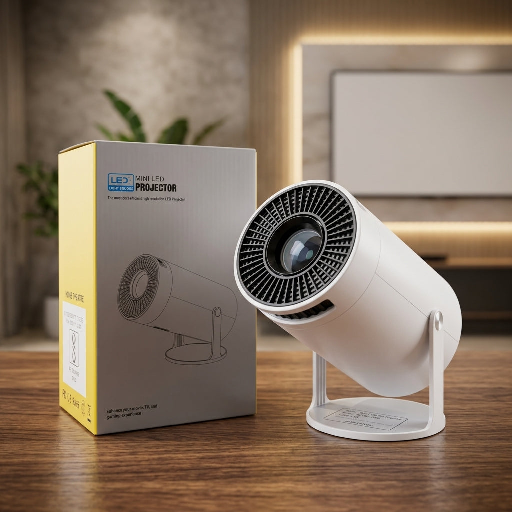 Neo-L100 Pro Mini LED Projector in white, compact cylindrical design with integrated stand, projecting a vibrant image on a wall.