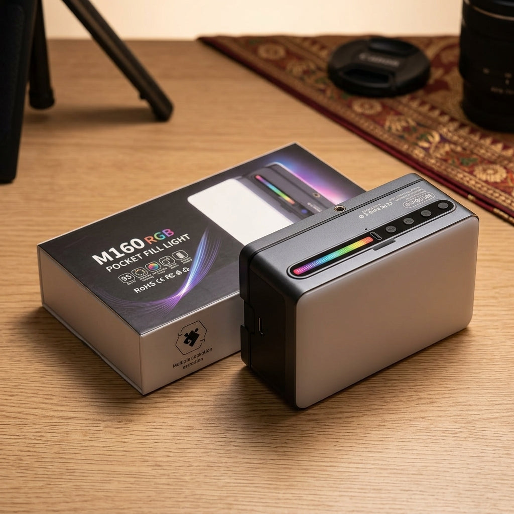 M160 RGB Pocket Fill Light, a compact LED video light with colorful RGB output and high Ra 95+ CRI, shown in use for a product photoshoot.