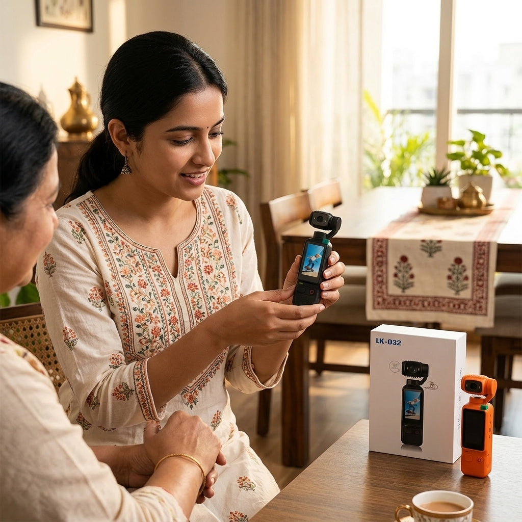 IK-032 pocket gimbal camera with 1.3-inch touchscreen and 3-axis gimbal stabilization, shown in black and orange color variants