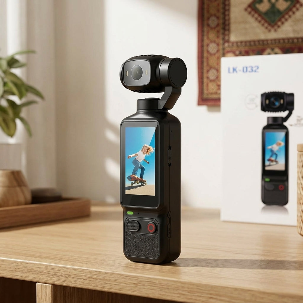 IK-032 pocket gimbal camera with 1.3-inch touchscreen and 3-axis gimbal stabilization, shown in black and orange color variants