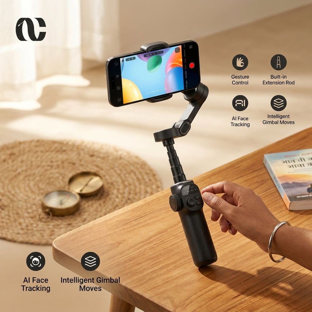 AOCHUAN Smart X2 3-axis smartphone stabilizer gimbal with built-in extension rod, AI face tracking, gesture control and LED full-screen indicator (retail box).