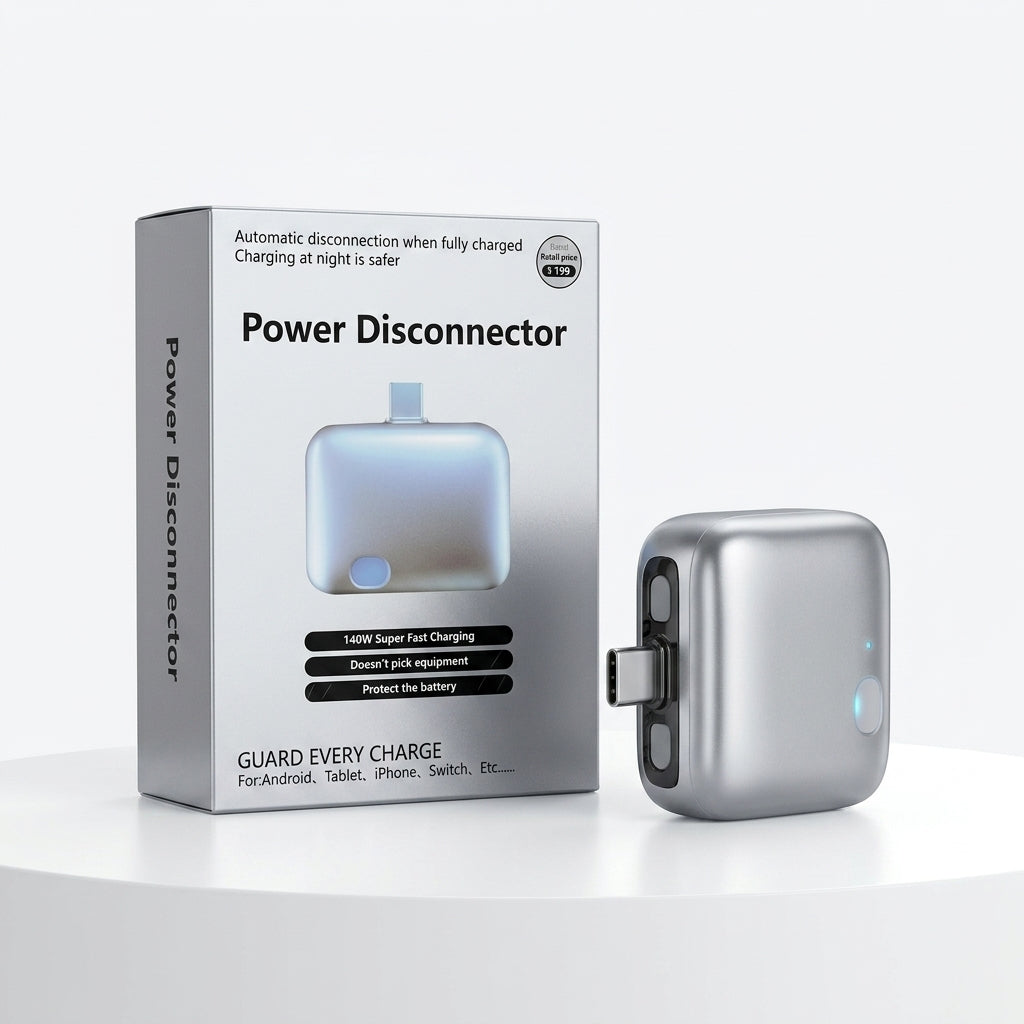 Smart Power Disconnector 140W Auto-Cut USB-C Fast Charging Adapter with indicator light, protecting a smartphone battery