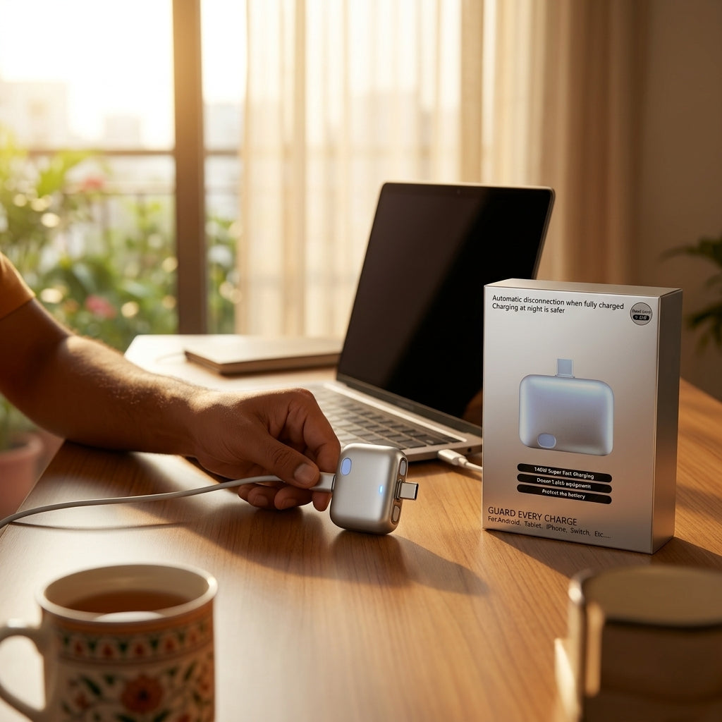Smart Power Disconnector 140W Auto-Cut USB-C Fast Charging Adapter with indicator light, protecting a smartphone battery