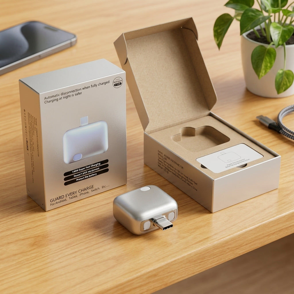 Smart Power Disconnector 140W Auto-Cut USB-C Fast Charging Adapter with indicator light, protecting a smartphone battery