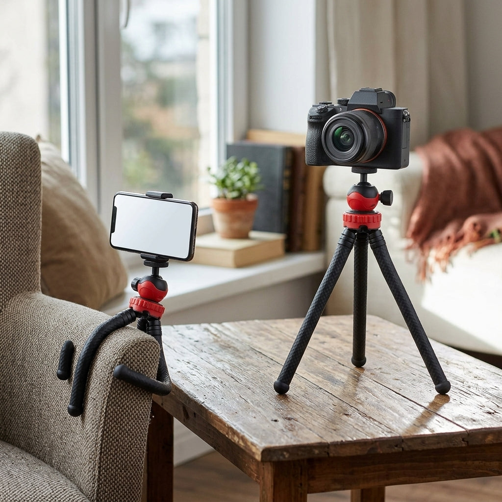 Black and red mini flexible tripod with bendable legs and ball head with side locking knob